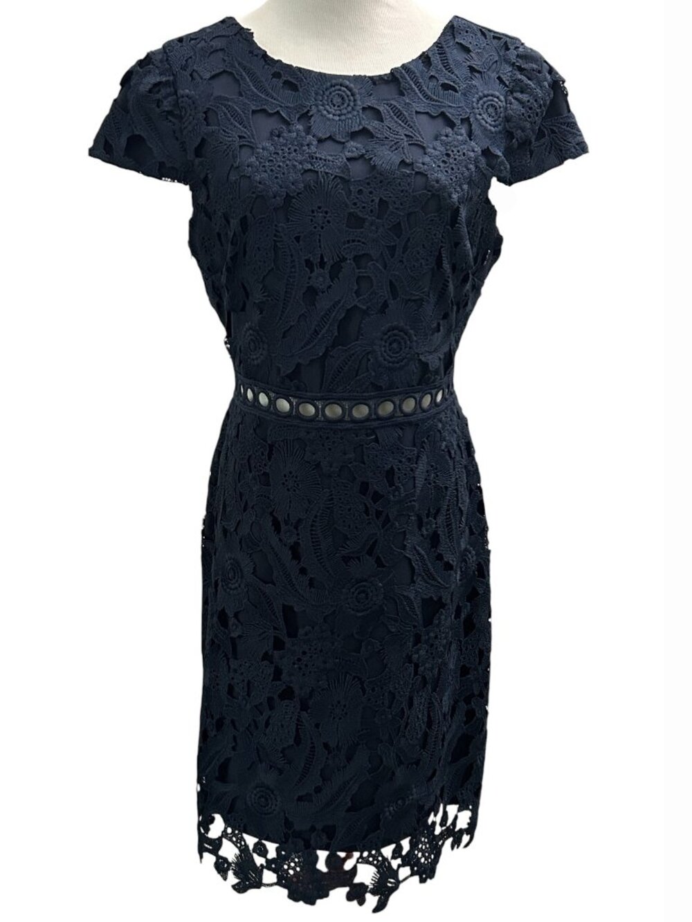 Sam Edelman Women's Size 6 Mini Lace Dress BodyCon Navy Blue Short Cap Sleeves